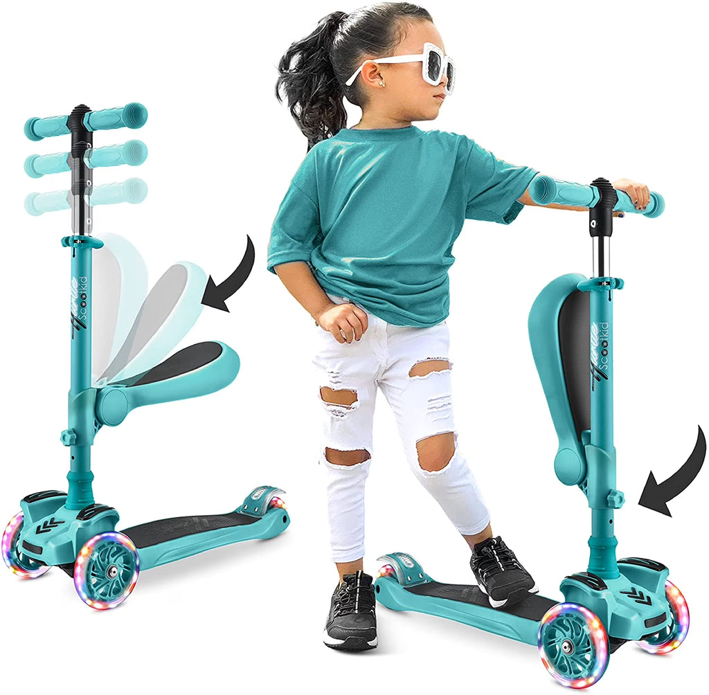 Scootkid Teal Blue 3-Wheel Kids Scooter with LED Wheel Lights & Comfort Seat - Perfect for Toddlers Ages 1+