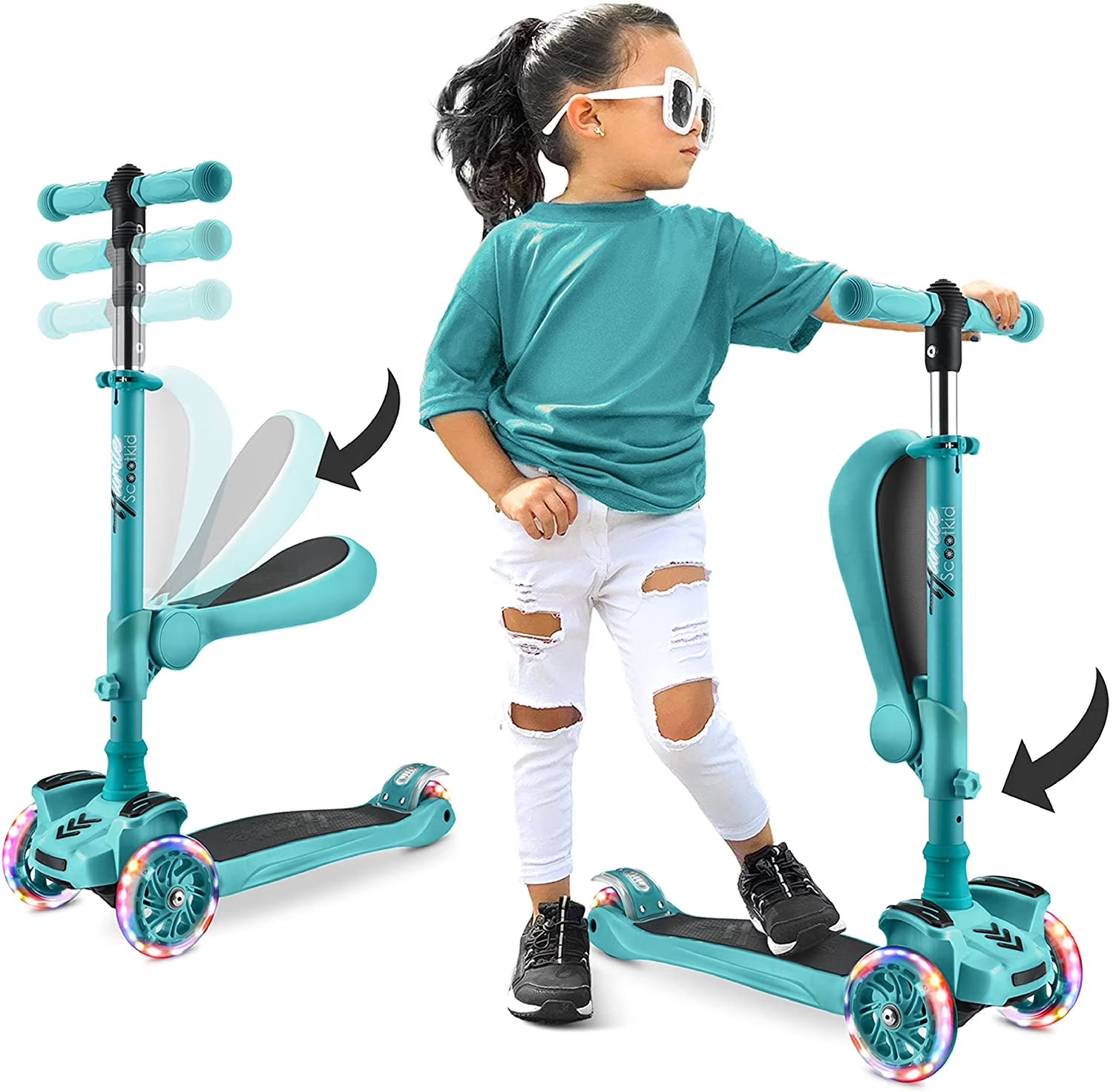 Scootkid Teal Blue 3-Wheel Kids Scooter with LED Wheel Lights & Comfort Seat - Perfect for Toddlers Ages 1+