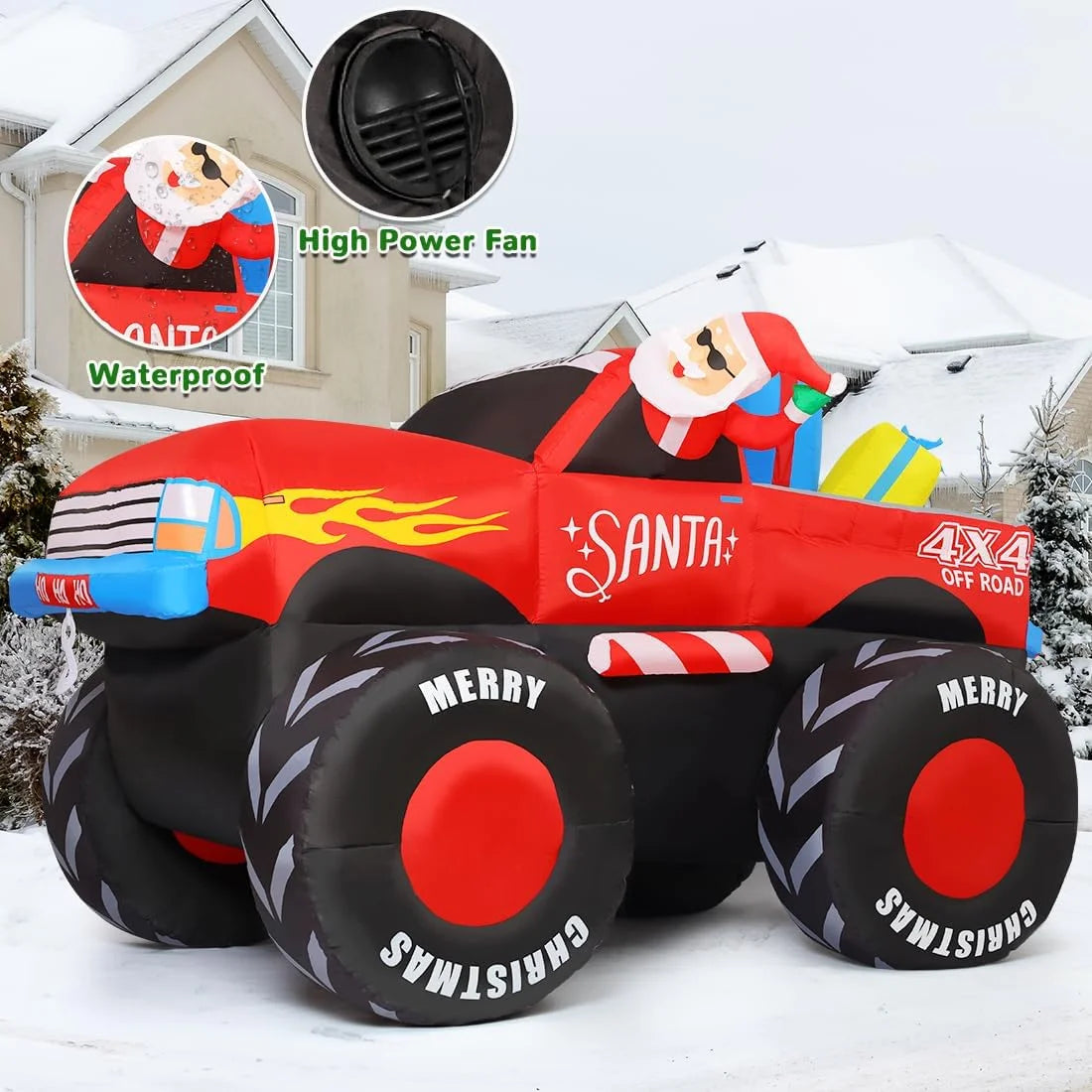 7.5 FT Long Christmas Inflatables Santa Claus on Truck with Presents, Monster Truck Inflatable Christmas Decorations with LED Lights, Outdoor Christmas Decorations Clearance for Xmas Holiday