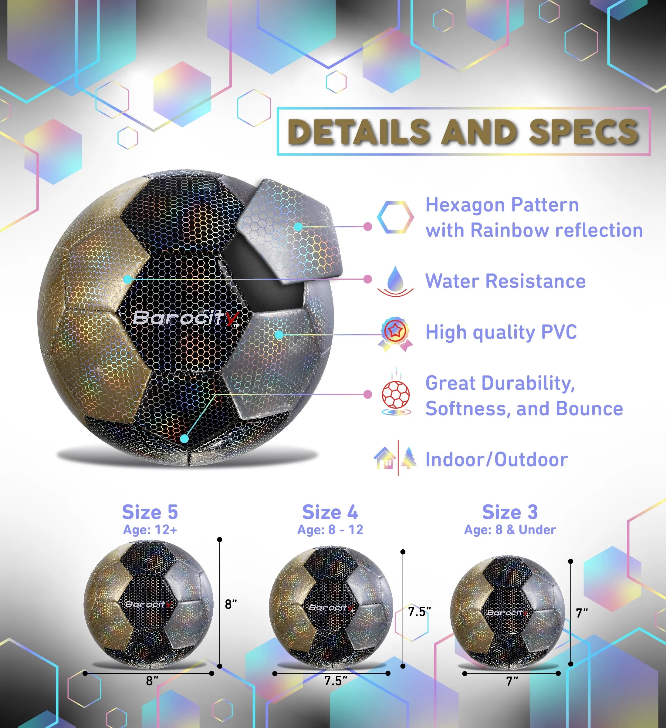 Barocity Premium Size 3 Soccer Ball - Silver, Black, Gold with Reflective Iridescent Rainbow Hex Pattern for Kids - Perfect for Indoor & Outdoor Play!