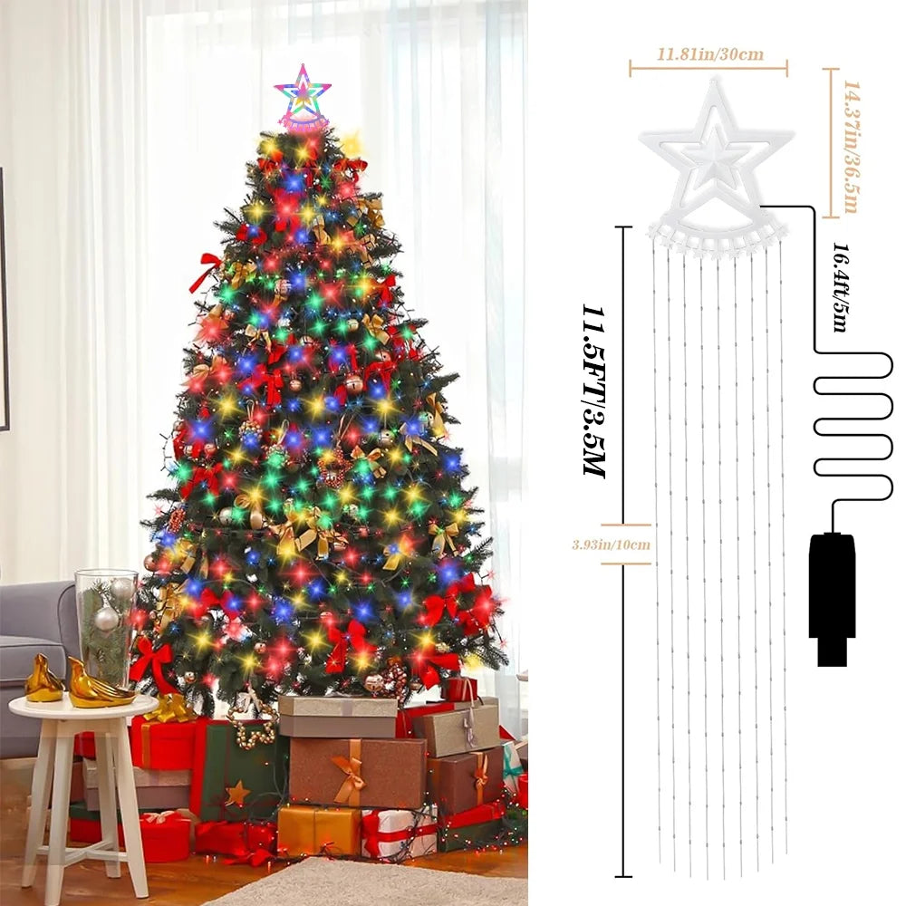 Christmas Lights with Star, 350 LED 25.8FT Star Waterfall String Christmas Fairy Lights with 8 Modes for Outdoor & Indoor Decoration, Multicolor