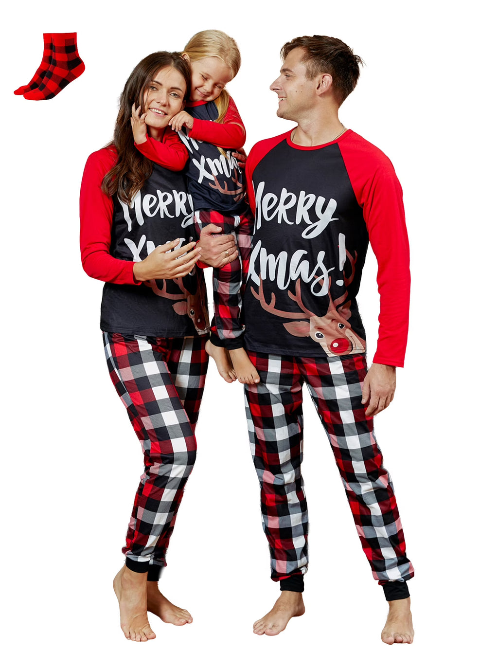 Christmas Pajamas Family Matching 2 Piece Pjs Sets Letter & Deer Print Long Sleeve Top & Plaid Pants for Kids Girl Boys Holiday Sleepwear with Socks, Black/Red, 6-7 Years