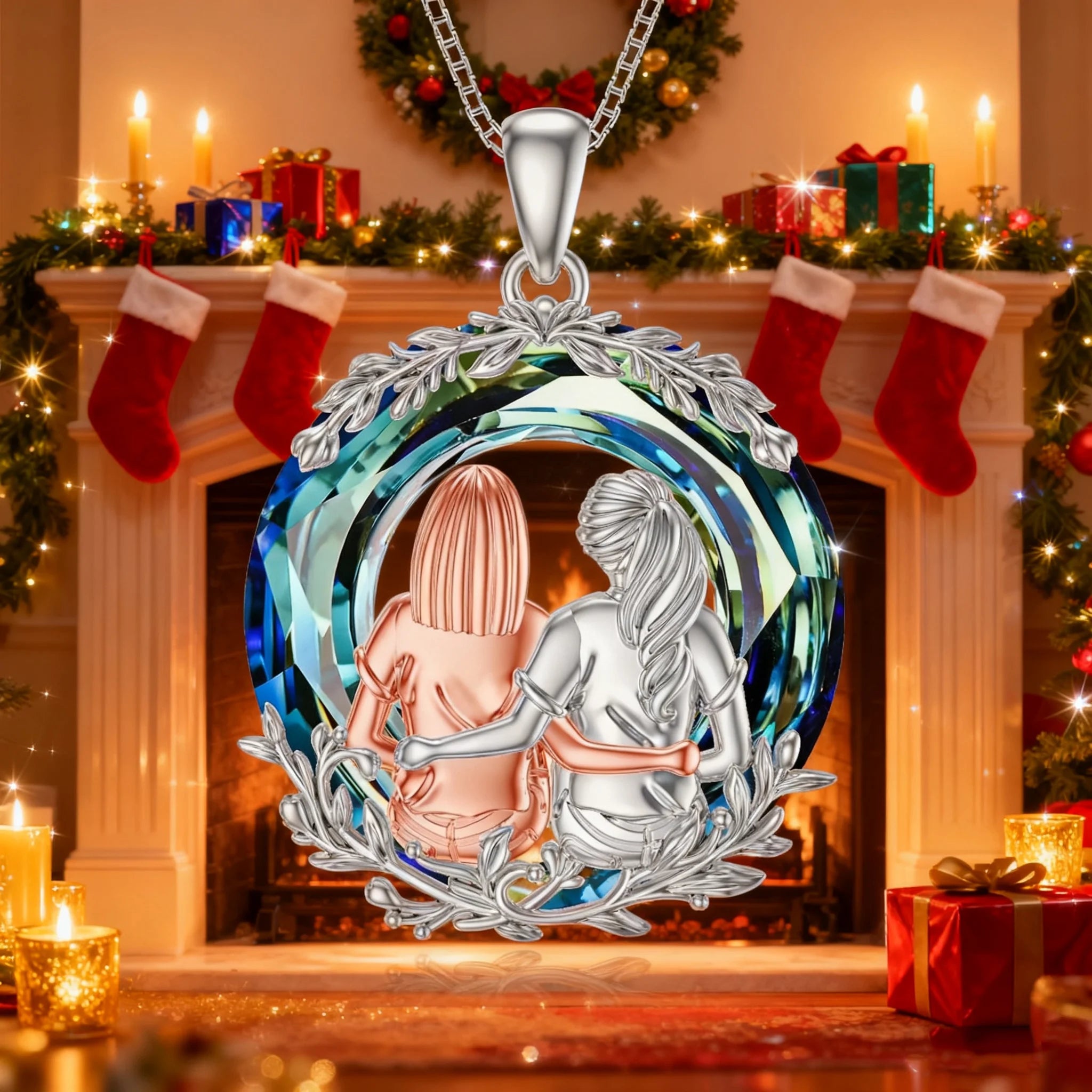 Sterling Silver Friendship Necklace for 2 - Sister Sit and Hug Pendant with Blue Crystal - Perfect Gift for Best Friends, Birthdays, Anniversaries, Mother's Day, Valentine's Day, and Christmas