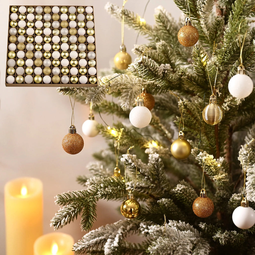 100Ct Mini Christmas Ornaments, White Gold Hanging Christmas Tree Ornaments for Holidy Decor