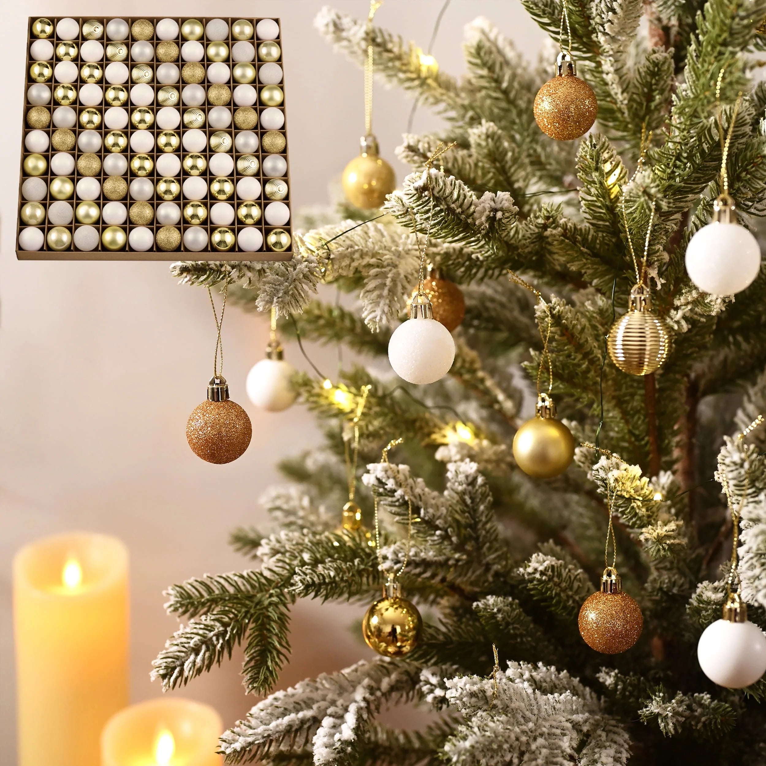 100Ct Mini Christmas Ornaments, White Gold Hanging Christmas Tree Ornaments for Holidy Decor