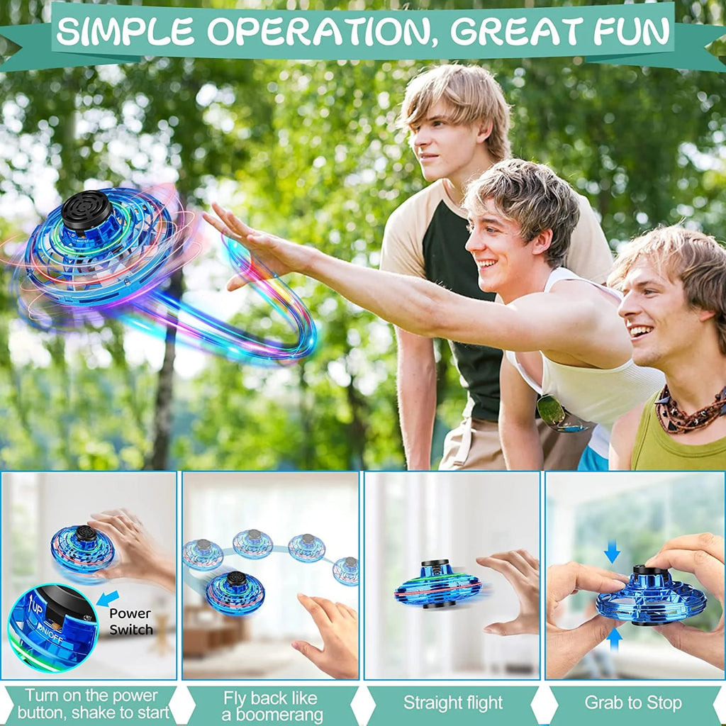 Blue Flying Spinner Mini UFO Drone - Hand Operated Fidget Spinner Toy with 360° Rotation & LED Lights for Kids and Adults