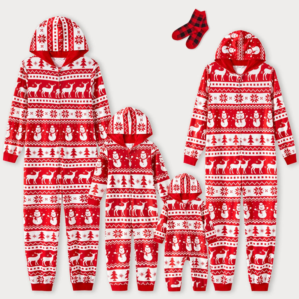 Christmas Pajamas Family Matching Onesies Kids Girl Boys Long Sleeve Hooded Zipper Bodysuits Flame Resistant One Piece Holiday Pjs with Socks, Red Snowman, 2 Years